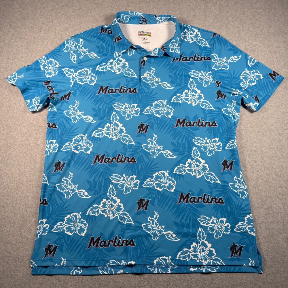 Reyn Spooner Miami Marlins MLB Floral Polo Shirt Blue Mens XL New